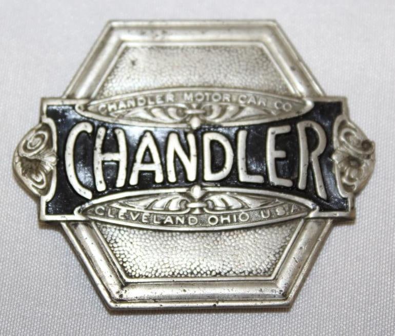 1917 Chandler Motor Car Co Radiator Emblem Badge: 2" x 1.75", this emblem is for a wheel hub center
