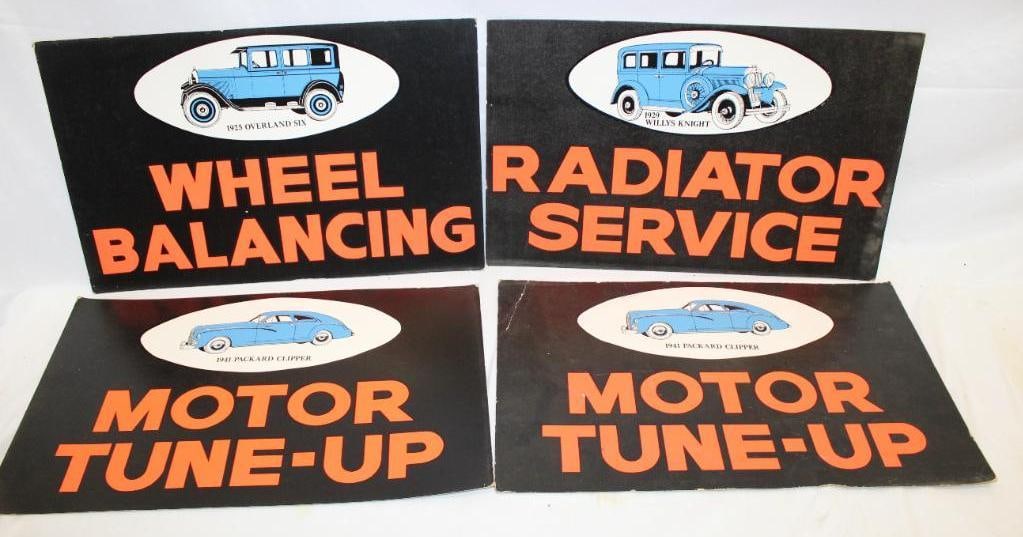 Group of 4 Service Station Advertising Displays: Packard, Overland, Willys, made of cardboard, 13" x 21" each