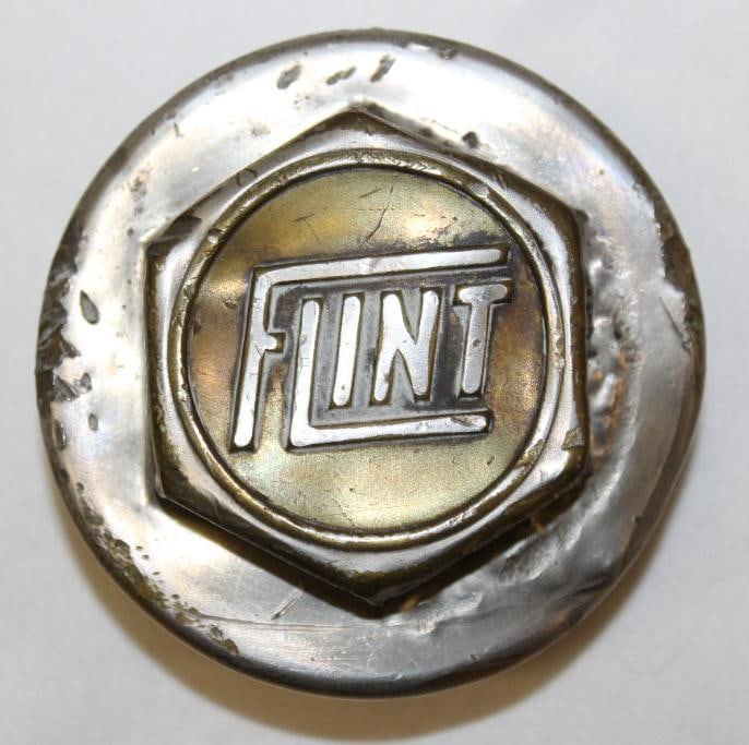Brass Flint Motor Car Co Automobile Threaded Hubcap: 3.5" diameter