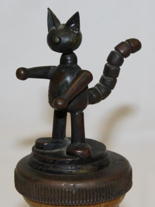 Felix the Cat Automobile Radiator Mascot Hood Ornament: 2.5" x 4.5" x 2.5", his left ear has been broken and repaired