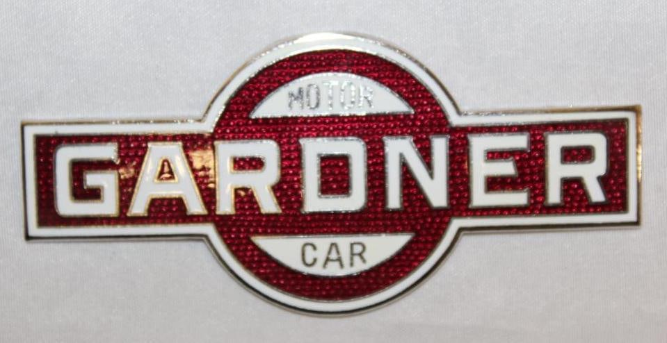 1921-1923 Gardner Motor Car Co Radiator Emblem Badge: cloisonne, 3.75" x 1.75", this original emblem has been professionally restored