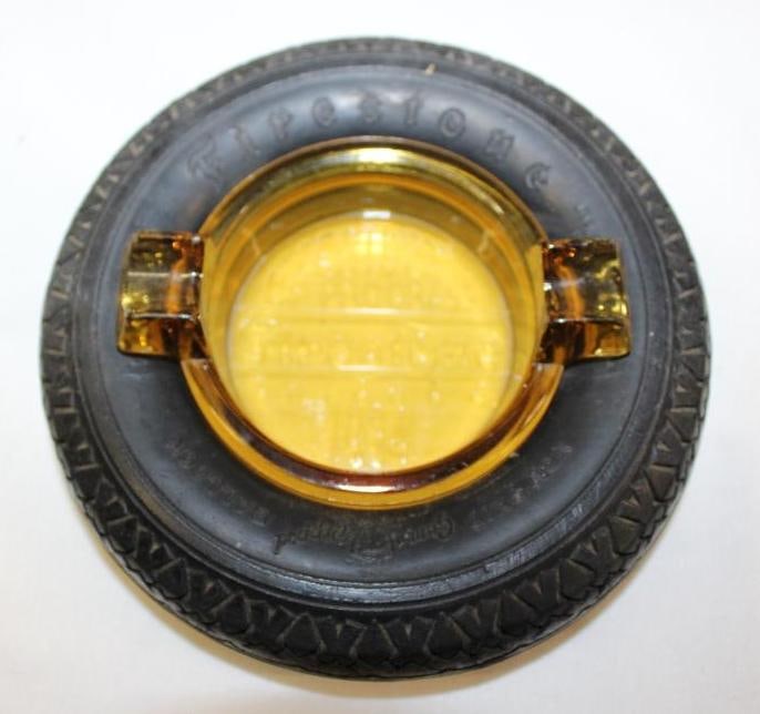 1934 Firestone Chicago Century of Progress Advertising Tire Ashtray: 6" diameter w/ embossed amber center and cigar rest
