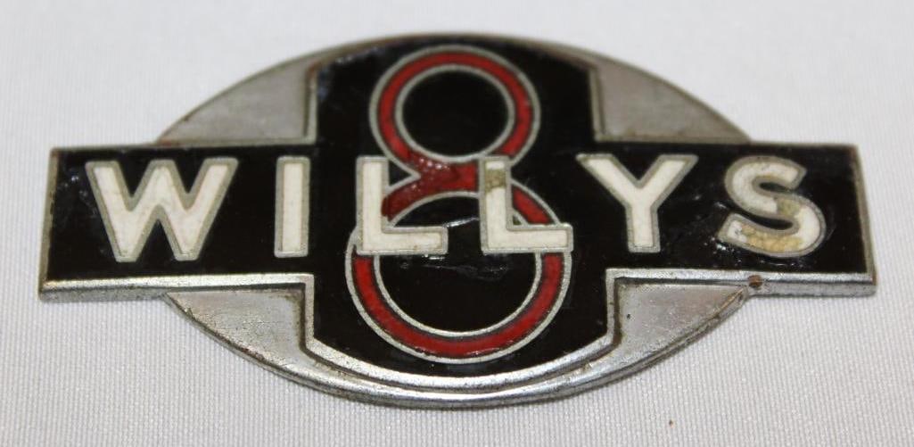 1930-1931 Willys 8 Radiator Emblem Badge: cloisonne, 2.75" x 1.5"