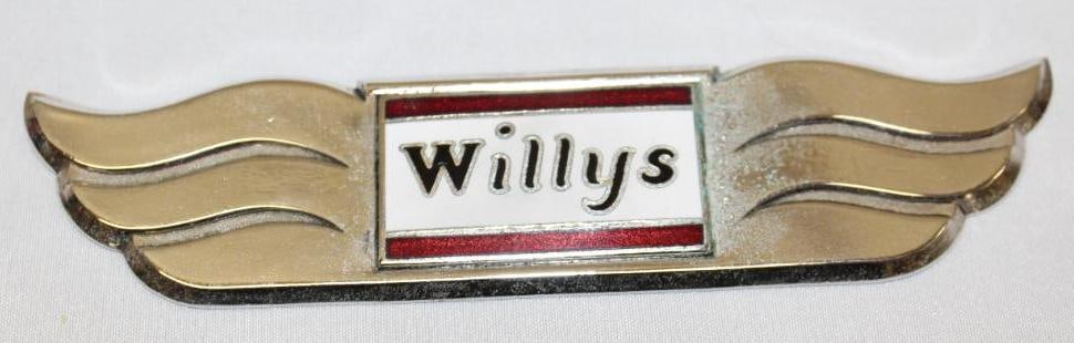 1930 Willys Radiator Emblem Badge: cloisonne, 6" x 1.25"