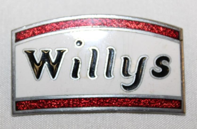 1930 Willys Radiator Emblem Badge: cloisonne, 1.75" x 1", this version was used for the second series