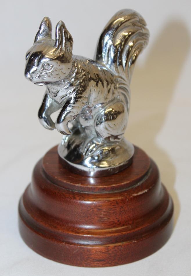 Standing Squirrel Radiator Mascot Hood Ornament: 4" x 5.75" x 4", mounted to wood base