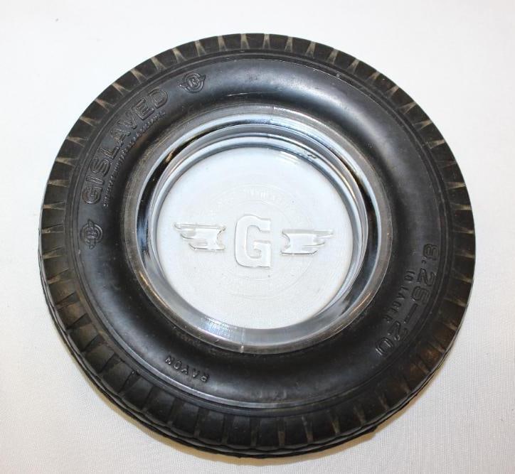 Gislaved Advertising Tire Ashtray: 6.5" diameter w/ embossed glass center
