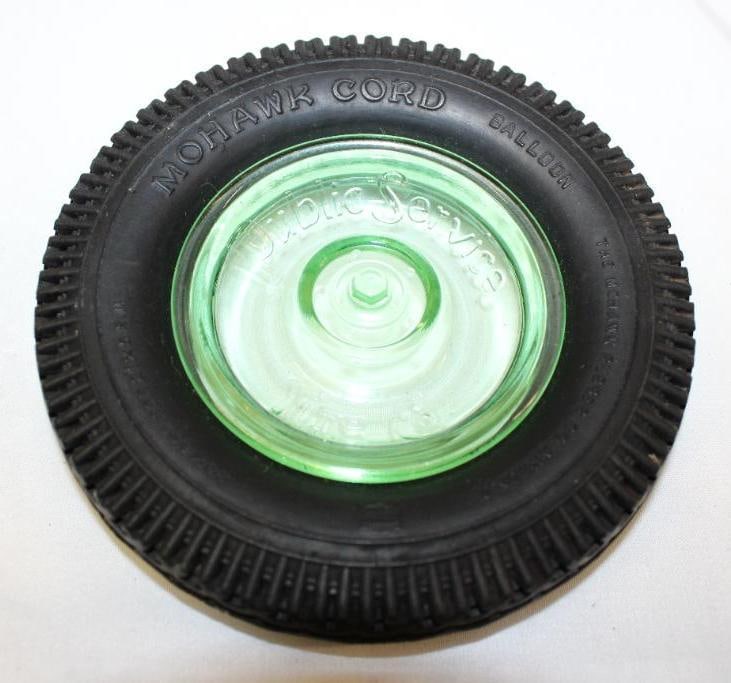 Mohawk Cords Public Service Advertising Tire Ashtray: 5.5" diameter w/ wheel shaped embossed green glass center