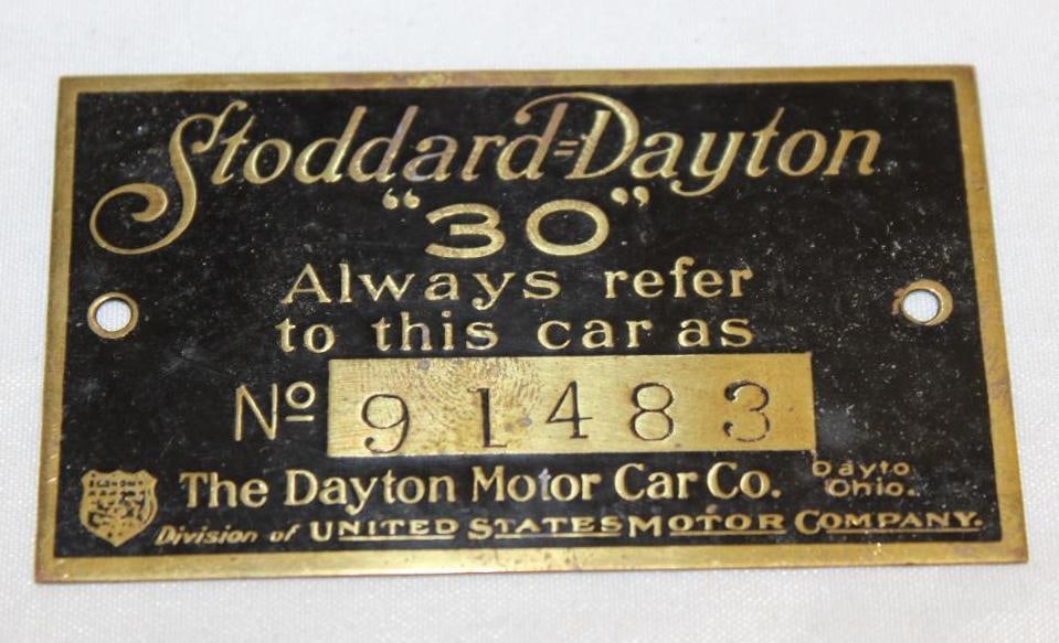 Stoddard Dayton 30 Brass Serial Number Data Tag Emblem (1 of 2)