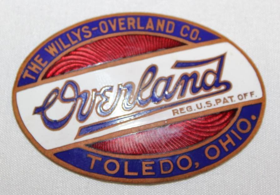 1915-1919 Willys Overland Radiator Emblem Badge: cloisonne, 2.5" x 1.75"