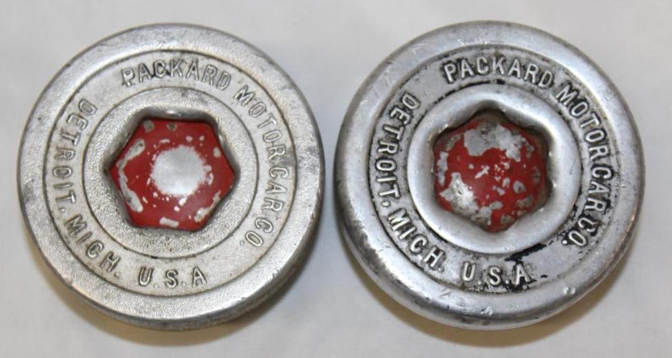 Pair of Packard Motor Car Co Automobile Threaded Hubcaps: 4" diameter each