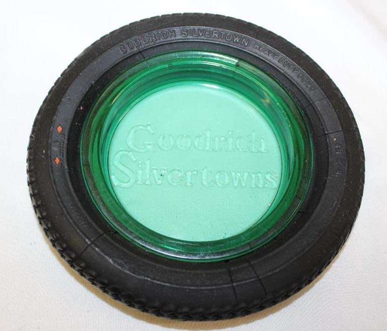 Goodrich Silvertown Advertising Tire Ashtray: 6.25" diameter w/ embossed green glass center