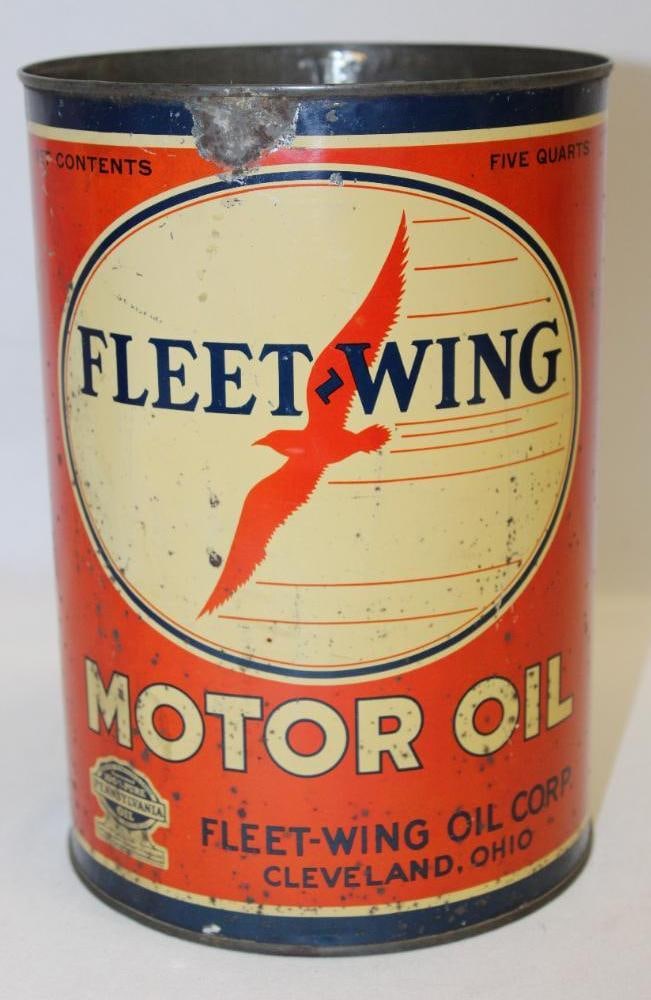 Fleet Wing Red Metal 5 Quart Motor Oil Can: missing top lid, has light rust staining and wear throughout, 9.5" x 6.5"