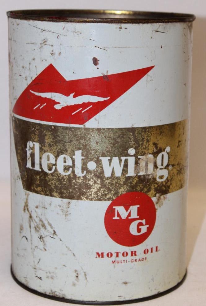Fleet Wing MG Metal 5 Quart Motor Oil Can: missing top lid, has discoloration and rust staining throughout, 9.5" x 6.5"