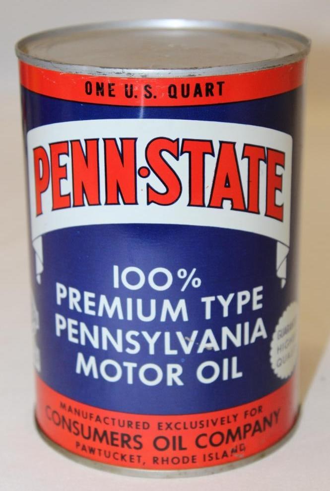 Penn-State Metal 1 Quart Motor Oil Can: 5.5" x 4", in very good condition with only minor scratches, drained from 2 holes in the bottom lid
