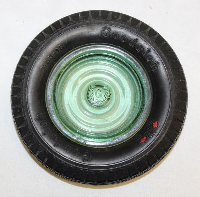 Goodrich Advertising Tire Ashtray w/ Embossed Green Glass Center: 6.5" diameter