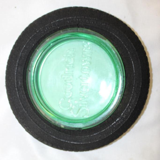 Goodrich Silvertown Advertising Tire Ashtray w/ Embossed Green Glass Center: 6.5" diameter