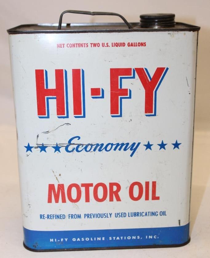 Hi-Fy Economy Two Gallon Motor Oil Can: 8.5"x11.5"x5.75"; light discoloration and wear throughout