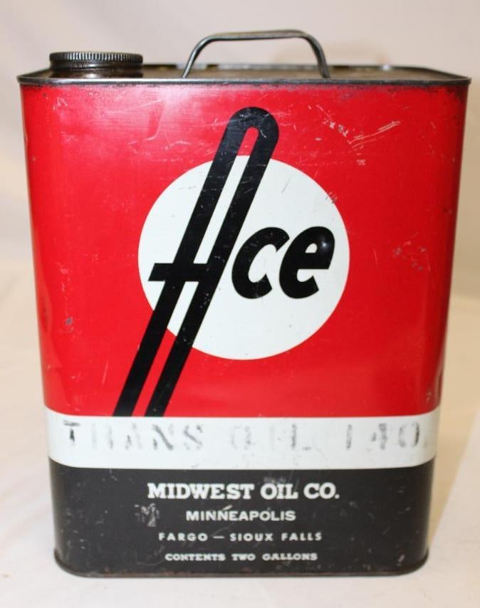Ace Transmission Two Gallon Motor Oil Can: 8.5"x11.5"x5.75"; Some wear and scratches throughout, also some denting