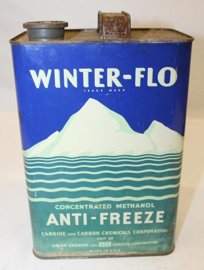 Winter-Flo Graphic One Gallon Anti-Freeze Can: 6.5"x10.25"x4.25"; Nice condition, Light scratches and discoloration, $1.00 pricer can,