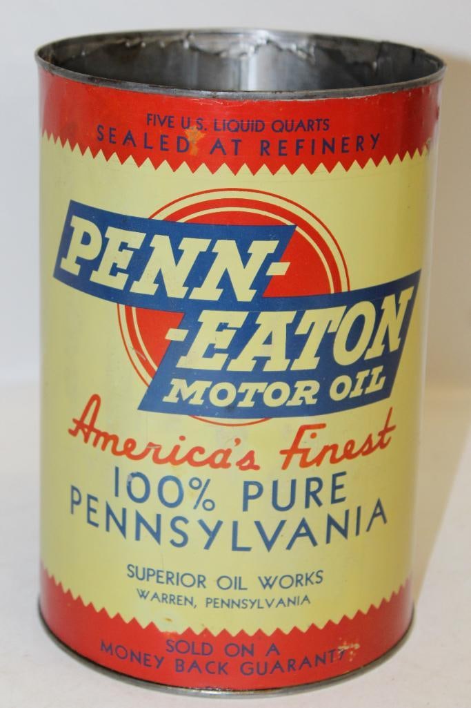 Penn-Eaton of Warren PA Metal 5 Quart Motor Oil Can: missing top lid, in good condition with light dents and wear throughout, 9.5" x 6.5"