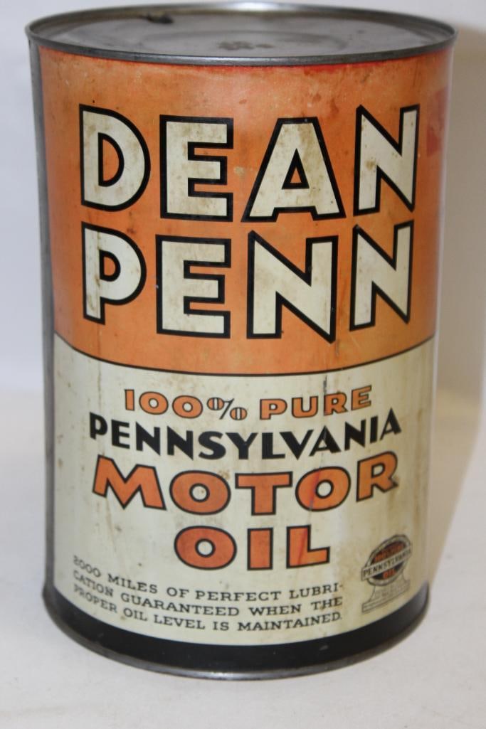 Dean Penn Metal 5 Quart Motor Oil Can: drained by two holes in the top lid, some discoloration and staining throughout, 9.5" x 6.5"
