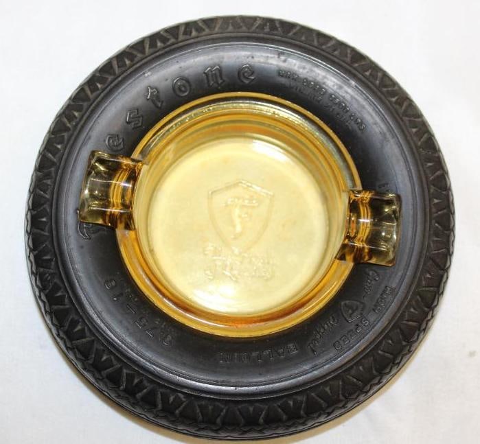 Firestone Advertising Tire Ashtray w/ Embossed Amber Glass Center (1 of 3)