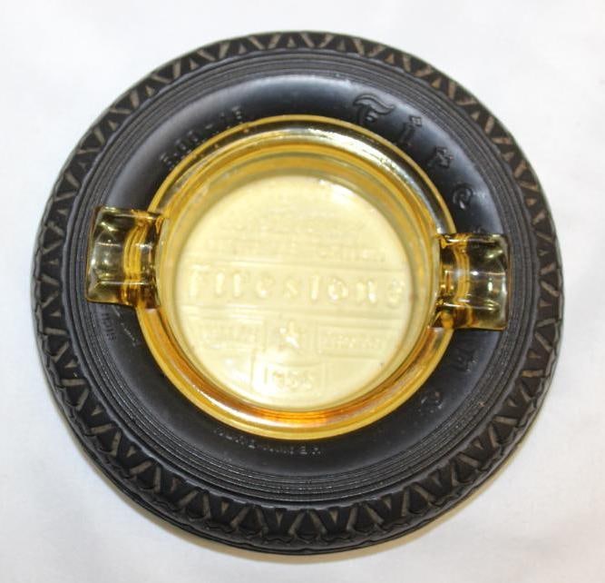 Firestone 1936 Dallas TX Centennial Advertising Tire Ashtray w/ Embossed Amber Glass Center (1 of 3)
