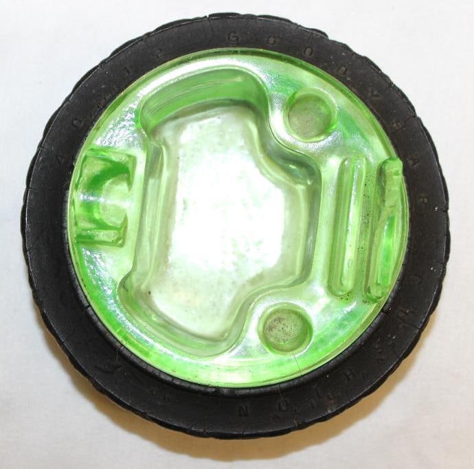 Goodyear Truck Tire Advertising Tire Ashtray Green Glass Center: 4.5" diameter w/ cigar and match holder