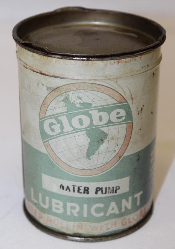 Globe Water Pump 1 lb Grease Can: 3.5"x4.5"; some fading and scratches