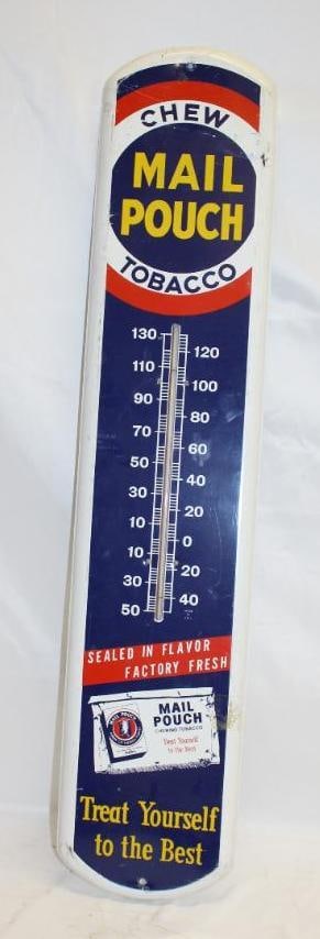 Reproduction Mail Pouch Tobacco Advertising Metal Thermometer: 38" x 8", with wear and scratches throughout