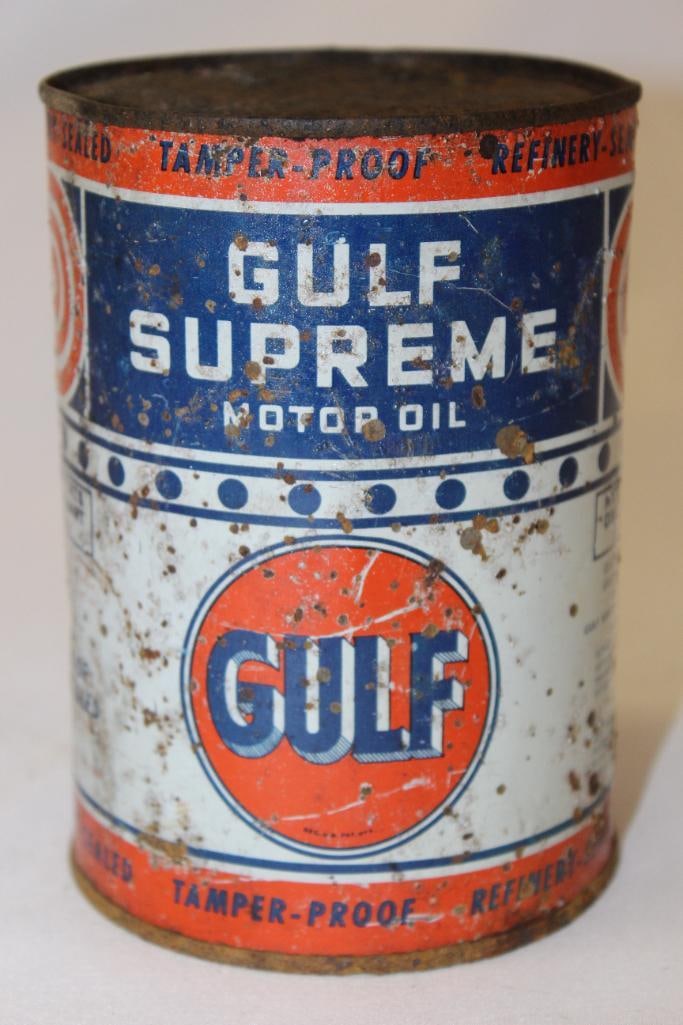 Gulf Supreme Metal 1 Quart Motor Oil Can: 5.5" x 4", drained from 1 hole in the top lid, heavy areas of rust throughout