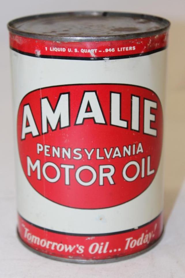 Amalie Metal 1 Quart Motor Oil Can: 5.5" x 4", drained from 2 holes in the bottom lid, has light staining and wear throughout along with a few small dents near the top edge
