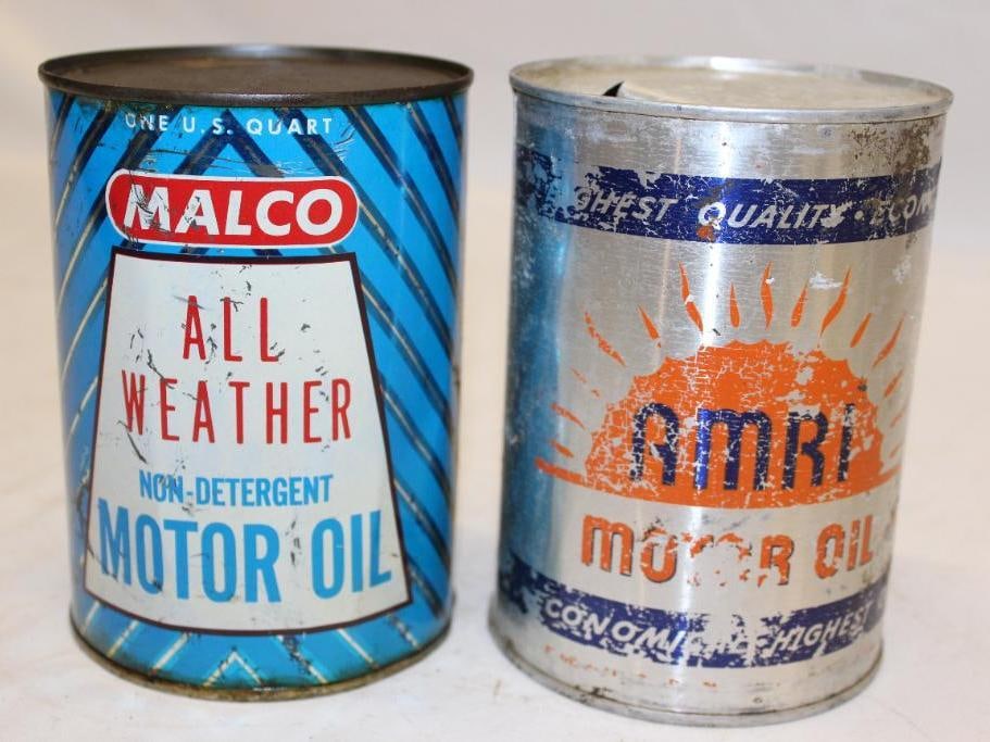 Group of 2 Metal 1 Quart Motor Oil Cans Malco and Amri: 5.5" x 4" each, both top, both have wear and scratches throughout