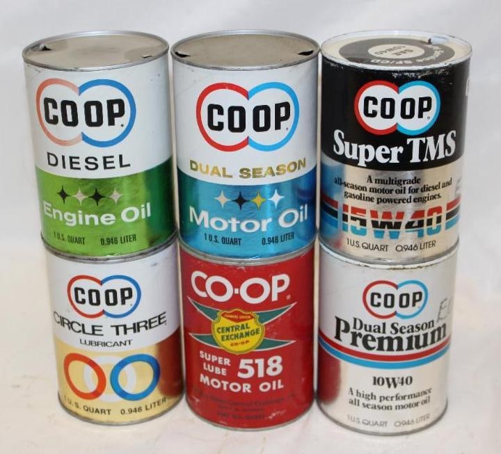 Group of 6 Co-Op 1 Quart Motor Oil Cans (1 of 2)