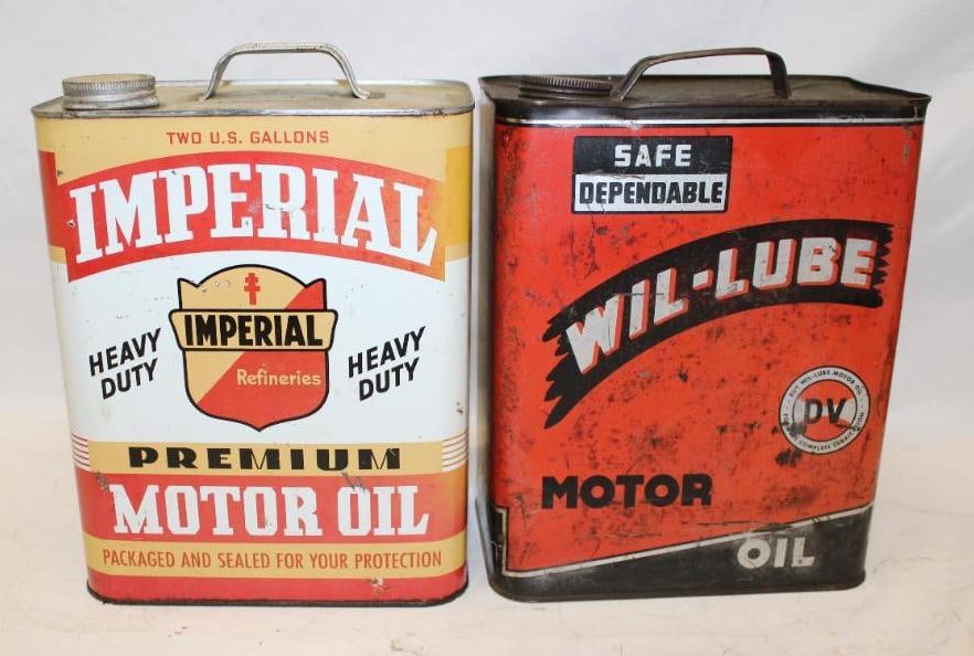 Group of 2 2 Gallon Motor Oil Cans Imperial and Wil-lube: 12" x 8.5" x 5.5" each, both have scratches and wear throughout