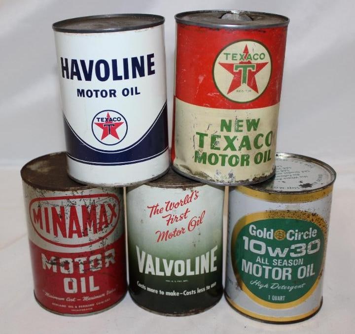 Group of 5 Metal 1 Quart Motor Oil Cans Texaco, Valvoline, Ashland (1 of 2)