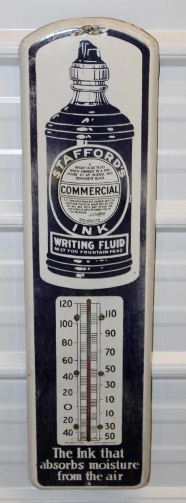 Stafford's Ink Porcelain Advertising Thermometer: 27" x 7", marked Beach, it is working, has a small chip near the top mounting hole and slight fading to the blue