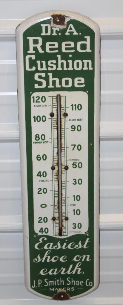 Doctor Reed Cushion Shoe Porcelain Advertising Thermometer: 27" x 7", marked Beach, has chips near the mounting holes, the bottom of the tube is broken