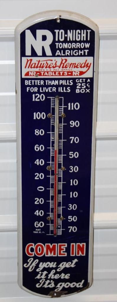 Nature's Remedy Porcelain Advertising Thermometer: 27" x 7", has some chips near the bottom edge and at the bottom mounting hole, it is working, has very good color and gloss