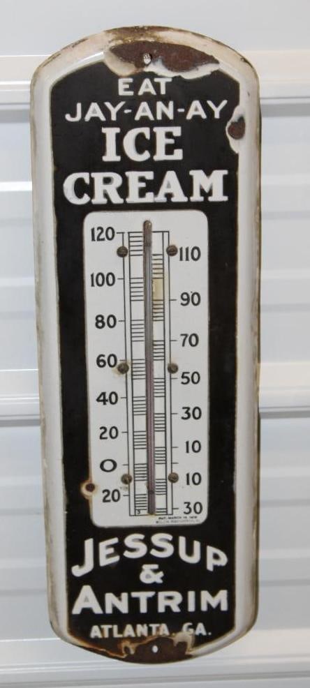 Jay-An-Ay Ice Cream Porcelain Advertising Thermometer: 19" x 5", marked Beach, has some chips at the top and bottom edge, and some fading in the black area, there is also a chip to the left of the tube, it is working