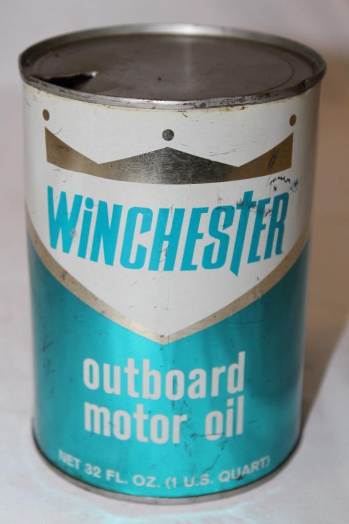 Winchester Outboard Motor Oil Metal 1 Quart Can: 5.5" x 4", has light wear and denting throughout, drained from 1 hole in the top lid