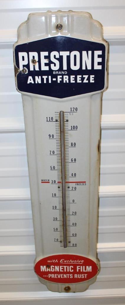 Prestone Antifreeze "Magnetic Film" Porcelain Advertising Thermometer: 36" x 9", has a few extra holes added and some light wear and chips along the outer edge, it is working
