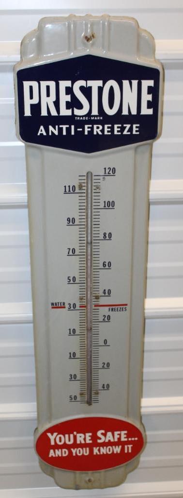 Prestone Antifreeze "You’re Safe" Porcelain Advertising Thermometer: 36" x 9", in very good condition with only light staining and wear, it is working