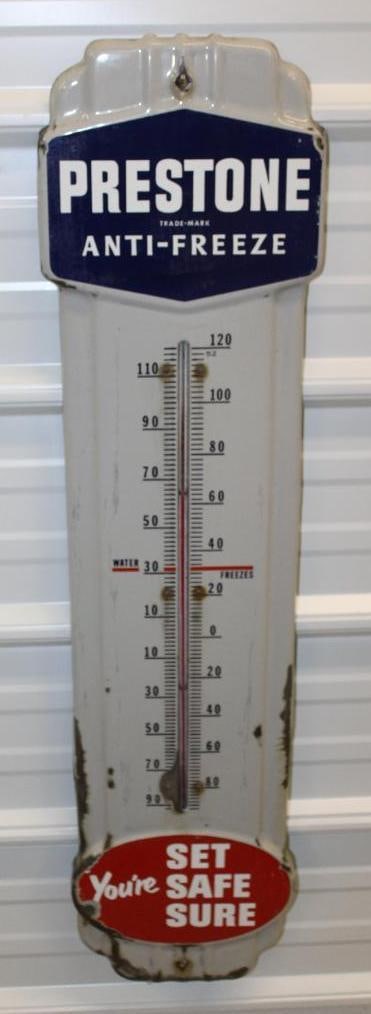 Prestone Antifreeze "Set, Safe, Sure" Porcelain Advertising Thermometer: 36" x 9", has some chips along the outer edges and near the tube cutout, it is working