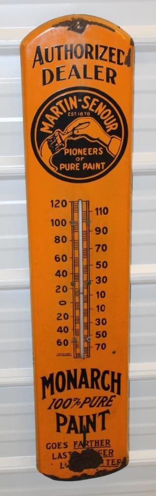 Martin Senour Porcelain Advertising Thermometer: 39" x 8", has chips along the top and bottom edge, including one large chip near the bottom as well as a couple of small chips in the field, it is working, marked Beach