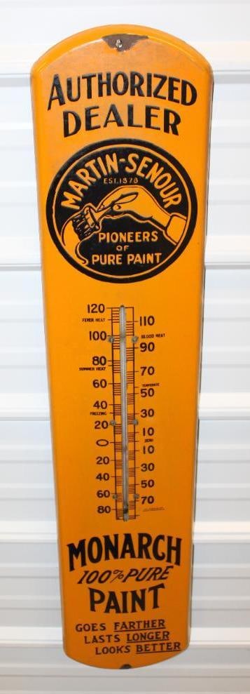 Martin Senour Porcelain Advertising Thermometer: 39" x 8", marked Beach, in good condition with chips near the mounting holes