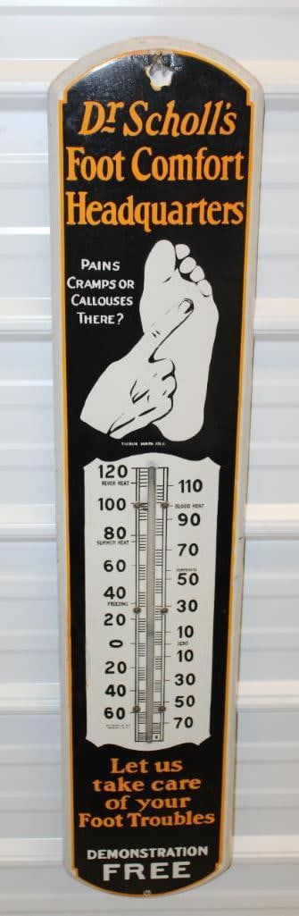 Doctor Scholl's Foot Comfort Porcelain Advertising Thermometer: 39" x 8", the bottom of the tube is broken, has some touchup near the bottom mounting hole and along the left edge and a chip near the top mounting hole, marked Beach