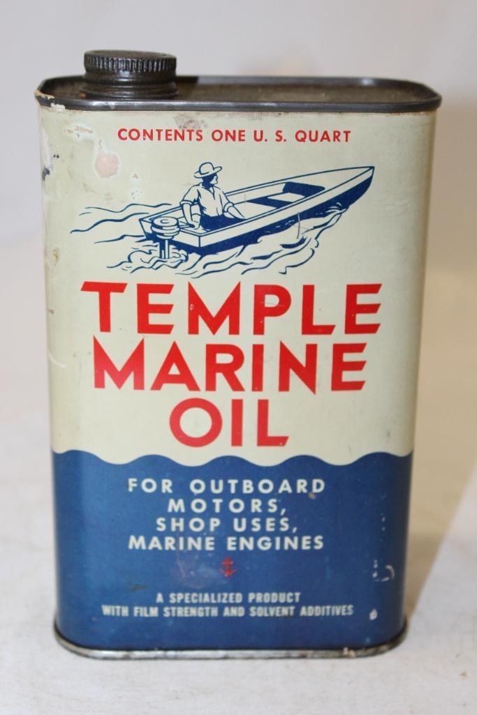 Graphic Temple Marine Outboard Flat Metal Motor Oil Can: 7" x 4.5" x 2.5", has some scratches and wear throughout and some paint splatter, there is also edge wear along the back bottom, empty with lid