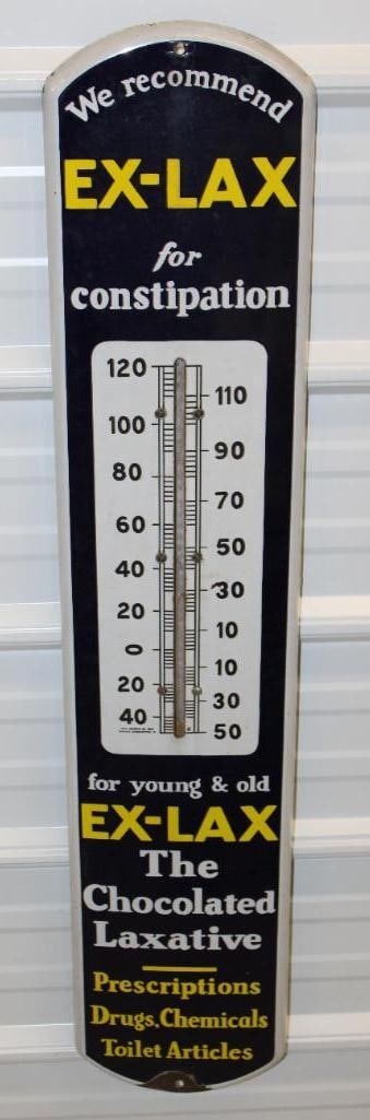 Ex-Lax "For Young and old" Porcelain Advertising Thermometer: 39" x 8", marked Beach, has a chip near the mounting hole, overall in good condition, missing the tube
